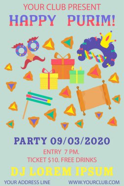 Mutlu purim afiş. Renkli vektör illüstrasyon. Festival konsept tasarımı. Purim renkli arka plan üzerinde. Parti olay dekorasyon. Tebrik kartı, afiş, afiş, eleman. Parti davetiyesi.