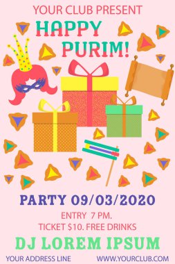 Mutlu purim afiş. Renkli vektör illüstrasyon. Festival konsept tasarımı. Purim renkli arka plan üzerinde. Parti olay dekorasyon. Tebrik kartı, afiş, afiş, eleman. Parti davetiyesi.