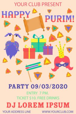 Mutlu purim afiş. Renkli vektör illüstrasyon. Festival konsept tasarımı. Purim renkli arka plan üzerinde. Parti olay dekorasyon. Tebrik kartı, afiş, afiş, eleman. Parti davetiyesi.