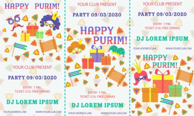 Purim, herhangi bir amaç için büyük tasarım. El ilanı, afiş. Vektör afiş, poster tasarımı. Purim bilet illüstrasyon. Parti davetiyesi. Karikatür vektör illüstrasyon. Şablon karşılama. Şablon bilet.