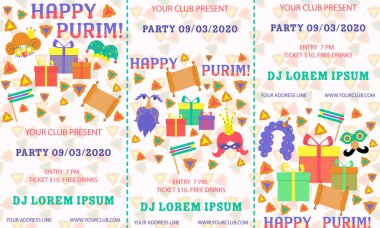 Purim, herhangi bir amaç için büyük tasarım. El ilanı, afiş. Vektör afiş, poster tasarımı. Purim bilet illüstrasyon. Parti davetiyesi. Karikatür vektör illüstrasyon. Şablon karşılama. Şablon bilet.