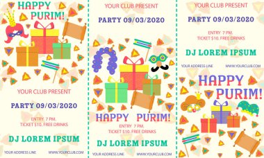 Purim, herhangi bir amaç için büyük tasarım. El ilanı, afiş. Vektör afiş, poster tasarımı. Purim bilet illüstrasyon. Parti davetiyesi. Karikatür vektör illüstrasyon. Şablon karşılama. Şablon bilet.