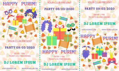 Purim, herhangi bir amaç için büyük tasarım. El ilanı, afiş. Vektör afiş, poster tasarımı. Purim bilet illüstrasyon. Parti davetiyesi. Karikatür vektör illüstrasyon. Şablon karşılama. Şablon bilet.