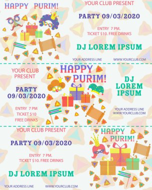 Purim, herhangi bir amaç için büyük tasarım. El ilanı, afiş. Vektör afiş, poster tasarımı. Purim bilet illüstrasyon. Parti davetiyesi. Karikatür vektör illüstrasyon. Şablon karşılama. Şablon bilet.