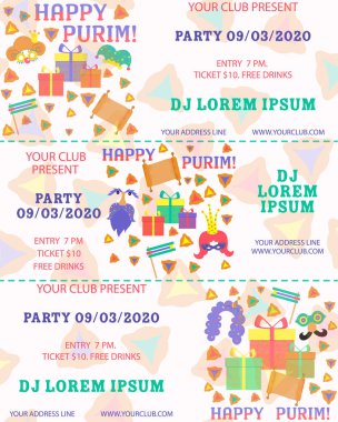 Purim, herhangi bir amaç için büyük tasarım. El ilanı, afiş. Vektör afiş, poster tasarımı. Purim bilet illüstrasyon. Parti davetiyesi. Karikatür vektör illüstrasyon. Şablon karşılama. Şablon bilet.