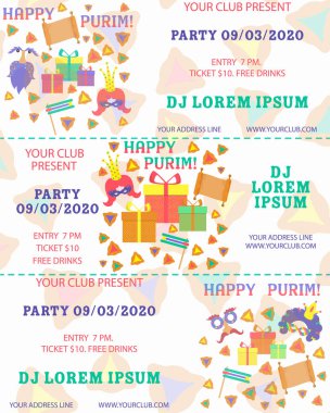 Purim, herhangi bir amaç için büyük tasarım. El ilanı, afiş. Vektör afiş, poster tasarımı. Purim bilet illüstrasyon. Parti davetiyesi. Karikatür vektör illüstrasyon. Şablon karşılama. Şablon bilet.