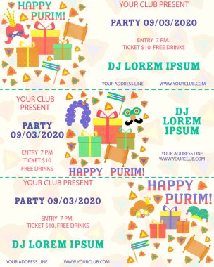 Purim, herhangi bir amaç için büyük tasarım. El ilanı, afiş. Vektör afiş, poster tasarımı. Purim bilet illüstrasyon. Parti davetiyesi. Karikatür vektör illüstrasyon. Şablon karşılama. Şablon bilet.