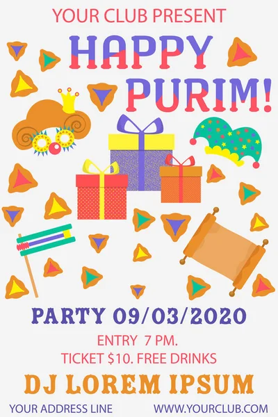 Mutlu purim afiş. Renkli vektör illüstrasyon. Festival konsept tasarımı. Purim renkli arka plan üzerinde. Parti olay dekorasyon. Tebrik kartı, afiş, afiş, eleman. Parti davetiyesi.