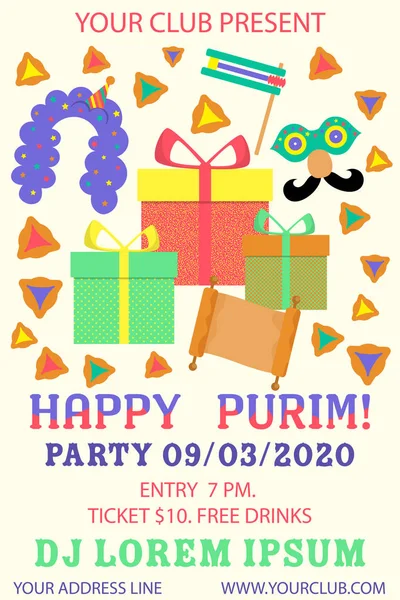 Mutlu purim afiş. Renkli vektör illüstrasyon. Festival konsept tasarımı. Purim renkli arka plan üzerinde. Parti olay dekorasyon. Tebrik kartı, afiş, afiş, eleman. Parti davetiyesi.