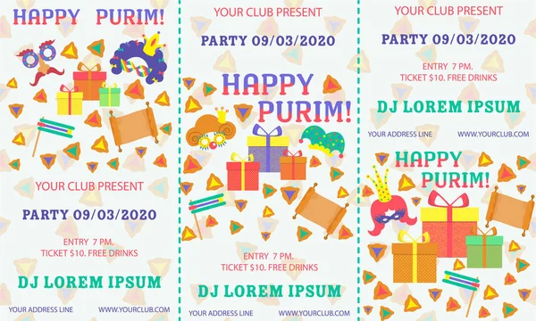 Purim, herhangi bir amaç için büyük tasarım. El ilanı, afiş. Vektör afiş, poster tasarımı. Purim bilet illüstrasyon. Parti davetiyesi. Karikatür vektör illüstrasyon. Şablon karşılama. Şablon bilet.