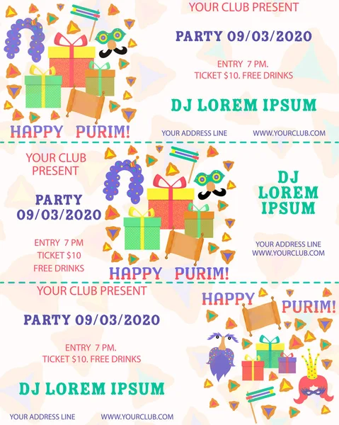 Purim, herhangi bir amaç için büyük tasarım. El ilanı, afiş. Vektör afiş, poster tasarımı. Purim bilet illüstrasyon. Parti davetiyesi. Karikatür vektör illüstrasyon. Şablon karşılama. Şablon bilet.