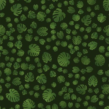 Monstera ile güzel sorunsuz desen. Dekoratif tasarım için Monstera. Yeşil doğal bitki. Orman yaprakları illüstrasyon. Yeşil arka plan. Yaz plaj çiçek baskı. Orman çiçek illüstrasyon.