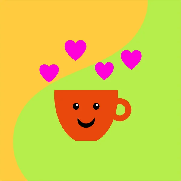 Καφετιέρα με χαμόγελο και καρδιά διάνυσμα. Πρωινή απεικόνιση διανύσματος καφέ. Κύπελλο τσαγιού με χαμόγελο και καρδιές. — Διανυσματικό Αρχείο