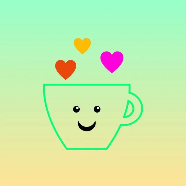 Caneca de café com sorriso e coração vetor. manhã café vetor ilustração. Xícara de chá com sorriso e corações . — Vetor de Stock