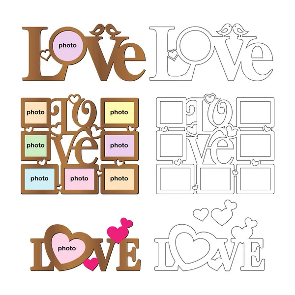 Set of frame for photos with inscription 'Love' for laser cutting. Collage of photo frames. Template laser cutting machine for wood and metal. The perfect gift for St. Valentine's Day. — Stock Vector