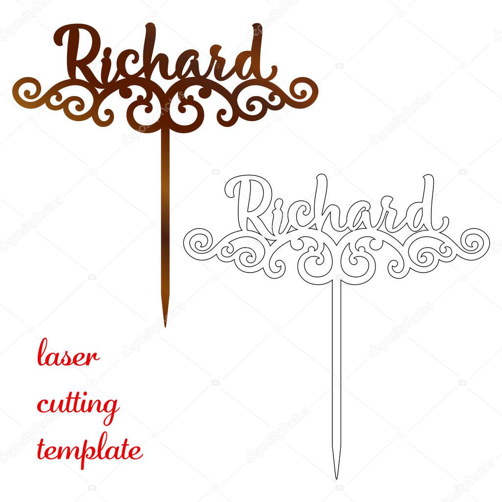Sign Richard cake toppers for laser or milling cut. Cut for decoration design. Name topper. Holiday greeting. Elegant decoration. Laser cut. Isolated design element.