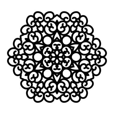 Beyaz arka planda soyut elementlere sahip basit siyah mandala vektörü. Oryantal etnik süs siyah mandala. Vektör tasarım öğesi. Basit çiçek desenli element. Soyut tasarım.