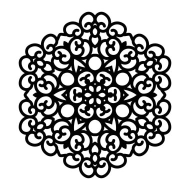 Beyaz arka planda soyut elementlere sahip basit siyah mandala vektörü. Oryantal etnik süs siyah mandala. Vektör tasarım öğesi. Basit çiçek desenli element. Soyut tasarım.