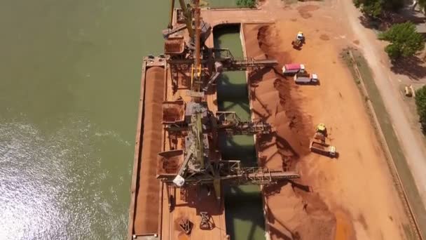 Industrial Cargo Port Operating Cranes Danube River Aerial View — Stock Video