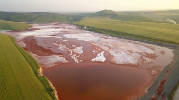 Aerial View Reservoir Full Red Toxic Sludge — Stock Video