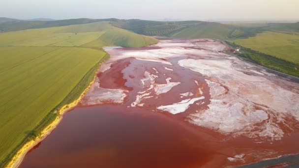 Aerial View Reservoir Full Red Toxic Sludge — Stock Video