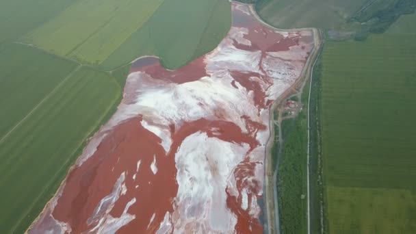 Aerial View Reservoir Full Red Toxic Sludge — Stock Video