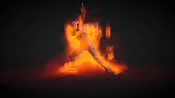 3D Illustration of a warrior using fire magic attack