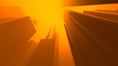 Sisli bir atmosferle kaplı bir bilim kurgu şehrinin 3D görüntüsü