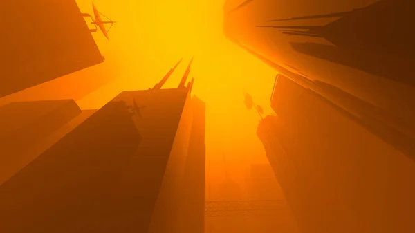 3D在多雾的气氛中描绘科幻小说城 — 图库照片