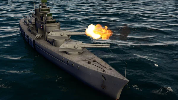 Illustration Battleship Firing Heavy Caliber Guns — Stock Photo, Image