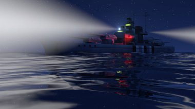 açık okyanusta bir savaş gemisinin 3D çizim üzerinde arama ışıkları ile gece tarafından