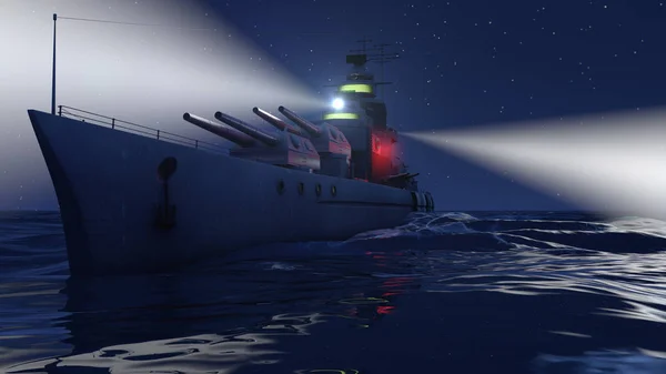 Illustration Battleship Open Ocean Night Searchlights — Stock Photo, Image