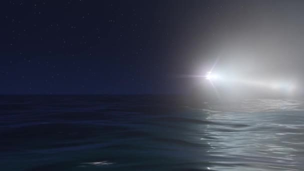 Animation 3D d'un cuirassé en haute mer la nuit avec les projecteurs allumés 