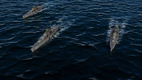 海で戦闘群の形成に 隻の軍艦の イラストレーション — ストック写真