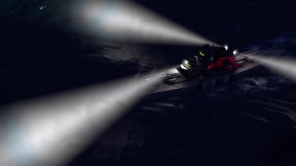 动画战舰在开阔的海洋在晚上与探照灯 — 图库视频影像