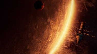 Harika bir atmosfer ile bir gezegenin yörüngesinde yabancı bir uzay istasyonu 3D çizimi