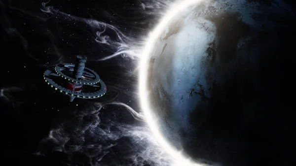 Egy Csodálatos Hangulatot Bolygó Körül Keringő Idegen Űrállomás Illusztráció — Stock Fotó