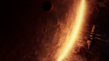 inanılmaz bir atmosfer ile bir gezegen yörünme bir uzaylı uzay istasyonu 3D animasyon