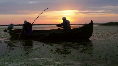 Tuna Deltası, Romanya - 16 Haziran 2019: Tuna Deltası'nda şafak vakti ağları kontrol ediyor
