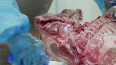 Et işleme fabrikasında et kesen kasap