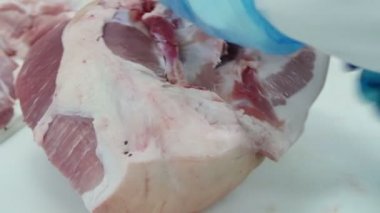 Et işleme fabrikasında et kesen kasap