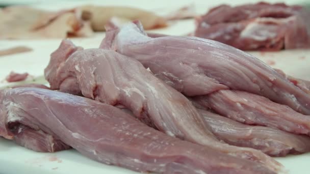 Lomo Cerdo Crudo Fresco Una Fábrica Carne — Vídeo de stock