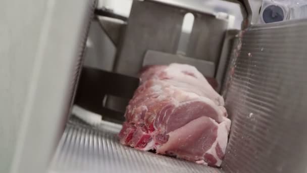 Μηχανή Κοπής Που Λειτουργεί Εργοστάσιο Επεξεργασίας Κρέατος — Αρχείο Βίντεο