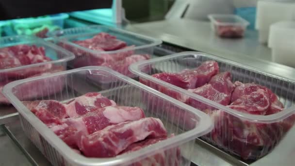 Embalagem Fatias Carne Caixas Uma Correia Transportadora — Vídeo de Stock