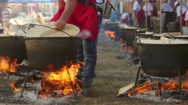 罗马尼亚朱里洛夫卡 2019年9月2日 鱼汤节 厨师烹饪鱼汤 户外水壶 — 图库视频影像