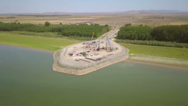 Tulcea Romania Agosto 2019 Costruzione Nuovo Ponte Sospeso Sul Danubio — Video Stock