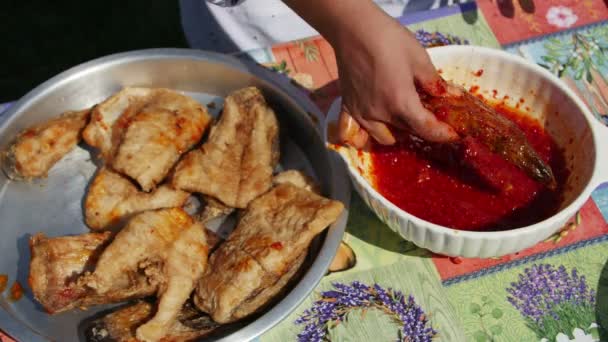 Chef Seasoning Fried Fish Steaks Homemade Spicy Tomato Sauce Baking — Stock Video