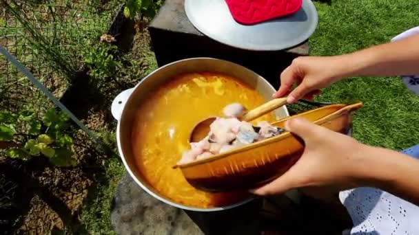 Chef Memasak Storceag Sup Ikan Dengan Krim Asam Dan Telur — Stok Video