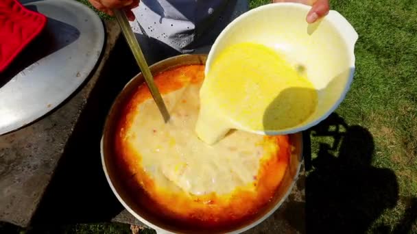 Cuoco Cottura Storceag Una Zuppa Pesce Con Panna Acida Uova — Video Stock