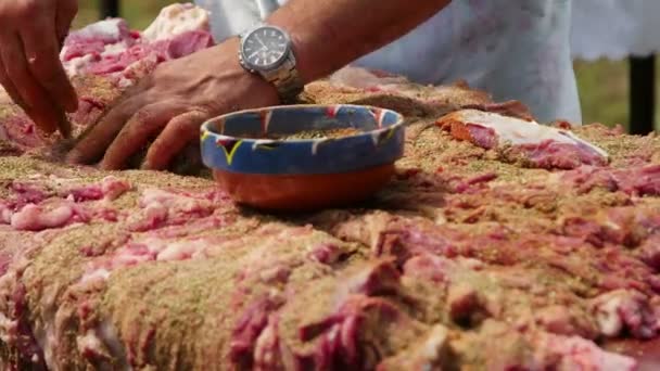 Agricultor Temperando Cordeiro Inteiro Com Uma Mistura Ervas Sal Antes — Vídeo de Stock